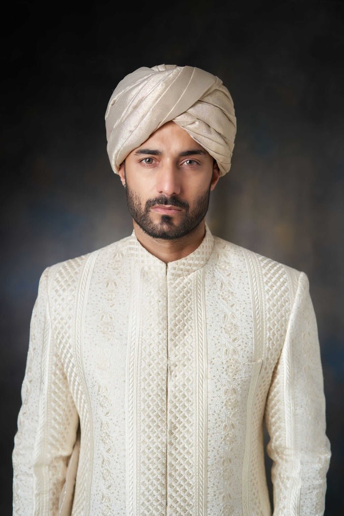 Pearl White Classic Sherwani with Sequins, Elegant Design for Weddings and Special Occasions.