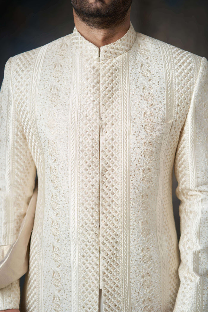 Pearl White Classic Sherwani with Sequins, Elegant Design for Weddings and Special Occasions.