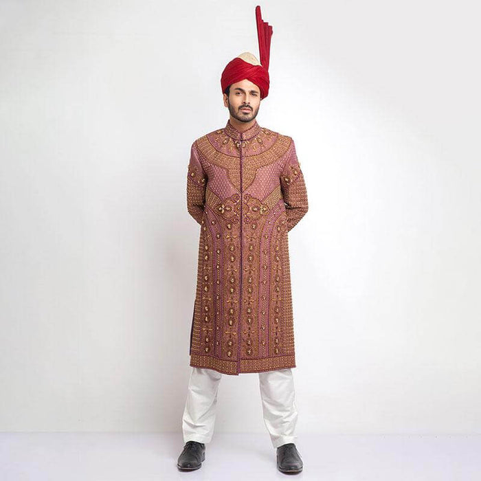 Pink and Copper Jamavar Silk Sherwani with elegant form-fitted tailoring