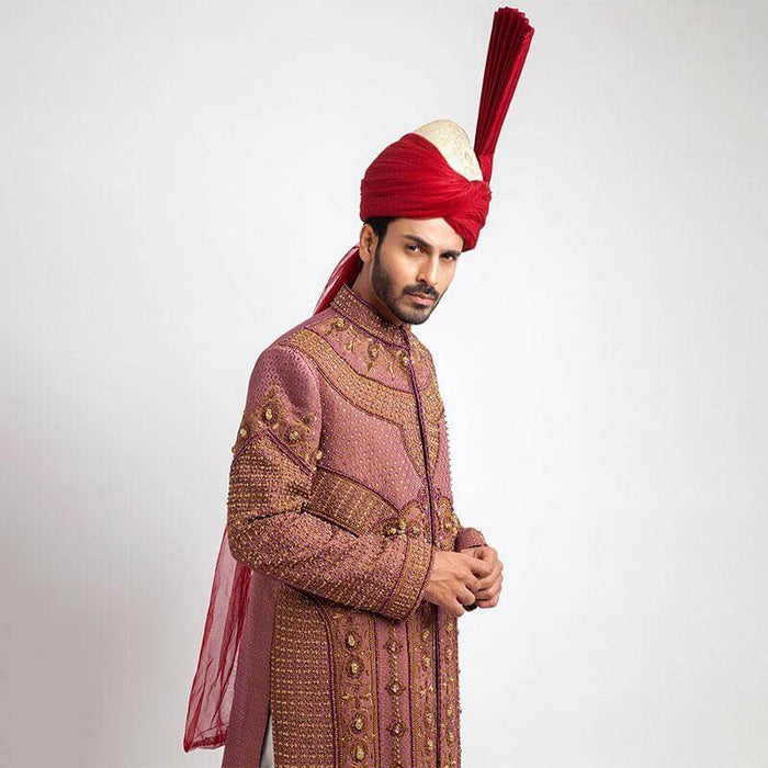 Pink and Copper Jamavar Silk Sherwani with elegant form-fitted tailoring