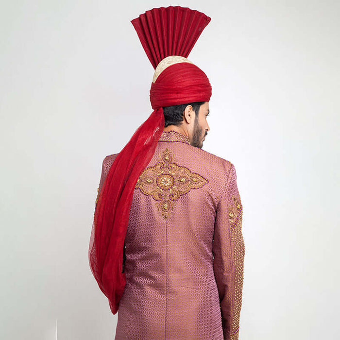 Pink and Copper Jamavar Silk Sherwani with elegant form-fitted tailoring