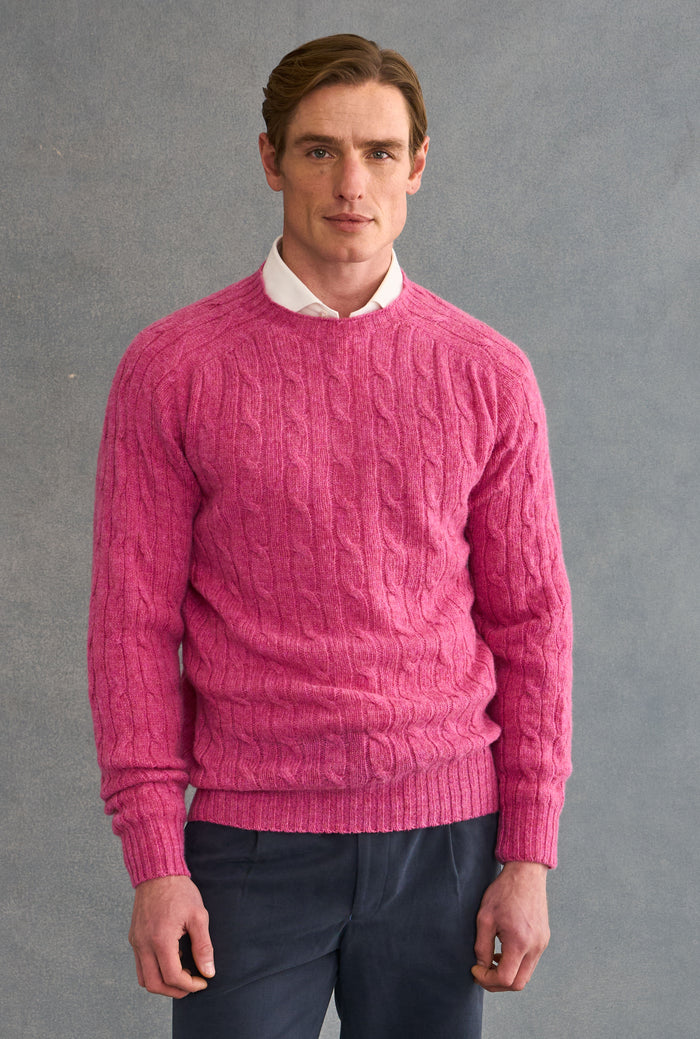 Pink Lambswool Cable Knit Crew Neck Jumper