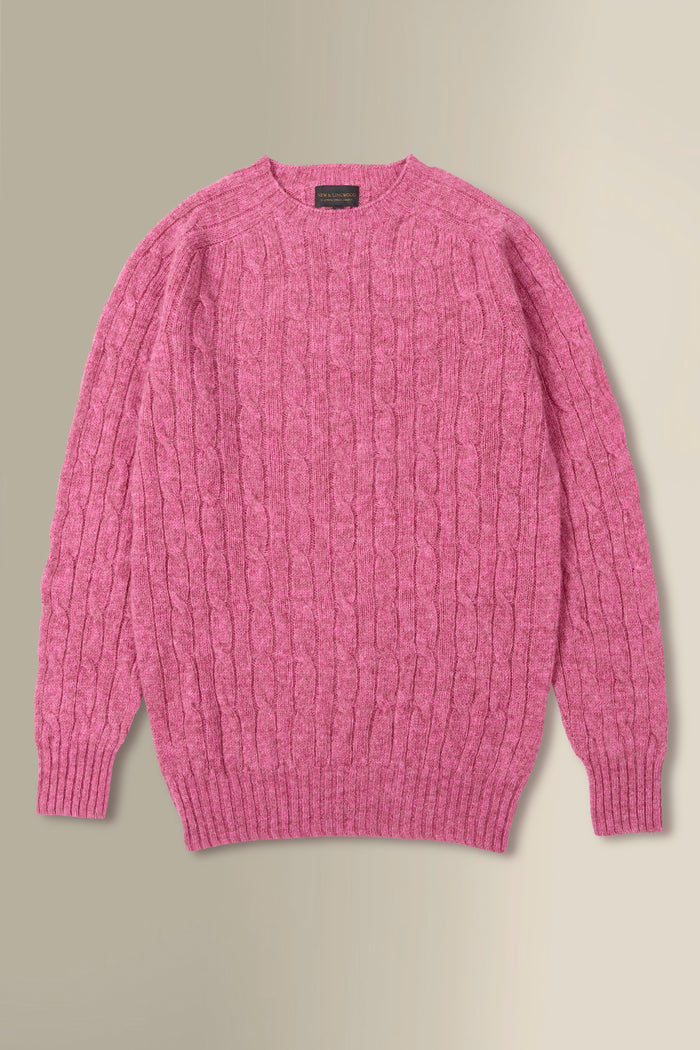 Pink Lambswool Cable Knit Crew Neck Jumper