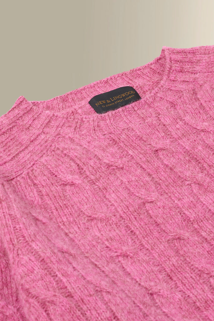 Pink Lambswool Cable Knit Crew Neck Jumper