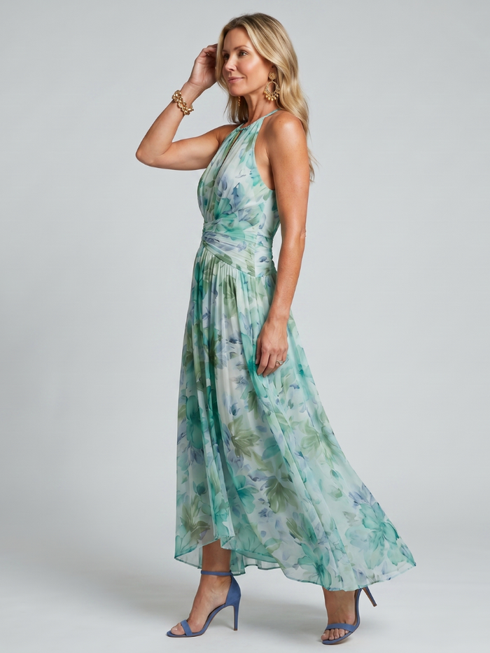 Portia – Women's Pleated Halter Floral Midi Dress | Huna