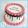 Custom edible image birthday drip cake with chocolate drip, pink buttercream borders, and sprinkles from Blue Sheep Bake Shop in Somerville NJ