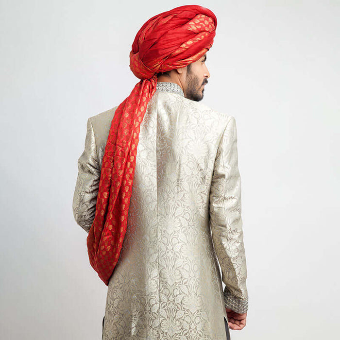 Puter and Ash Grey Pure Brocade Silk Sherwani, Elegant Wedding Attire
