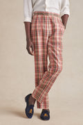 Red Single Pleat Madras Check Linen Trousers