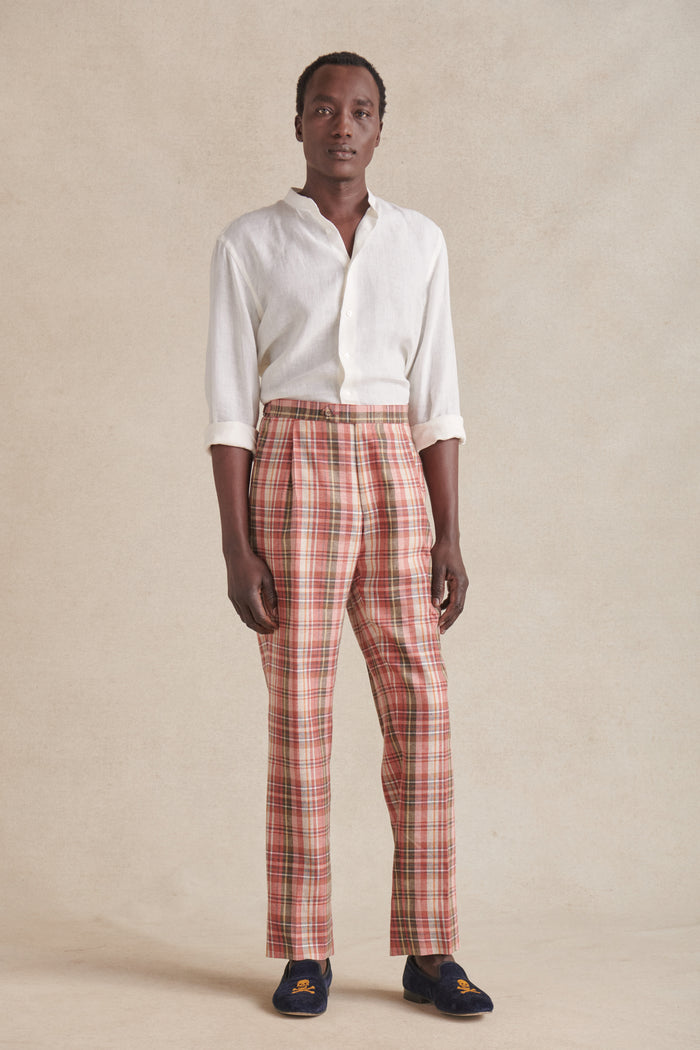 Red Single Pleat Madras Check Linen Trousers