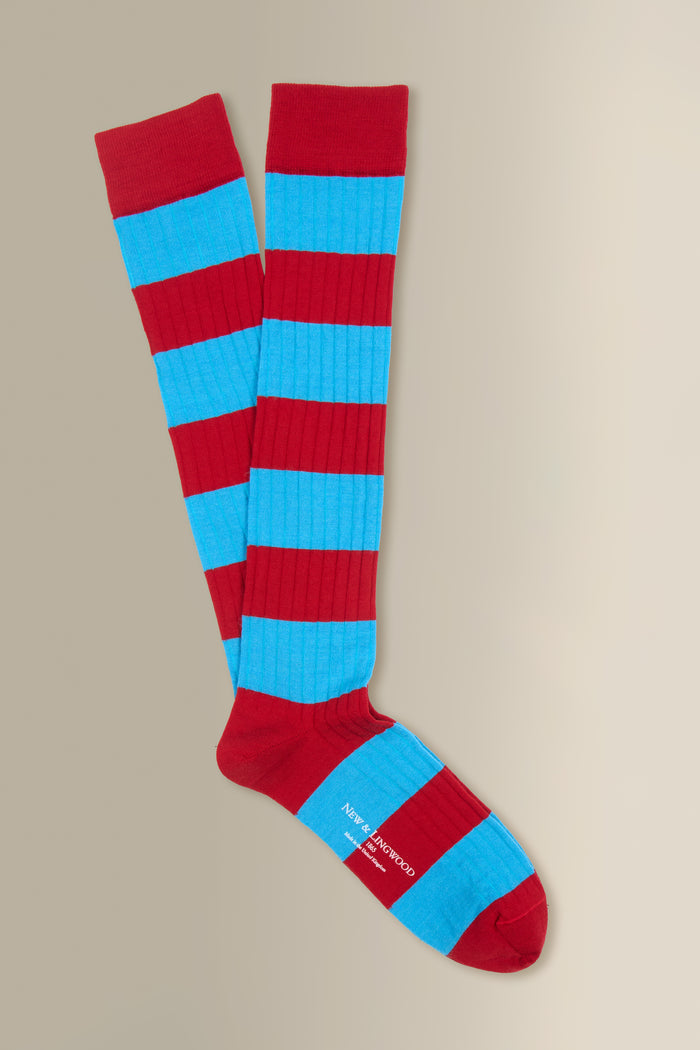 Red & Sky Stripe Long Lightweight Wool Socks