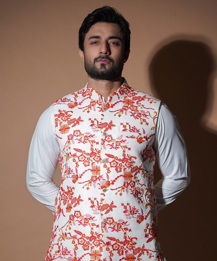 Rim Jhim - White with Red/Orange Floral Embroidery waistcoat set