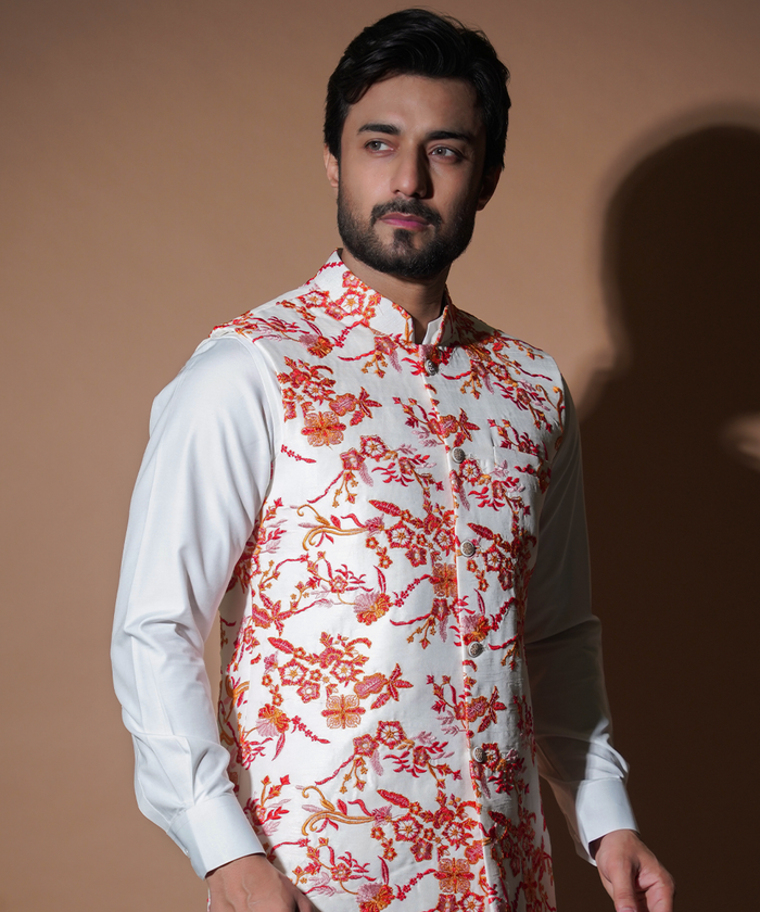 Rim Jhim - White with Red/Orange Floral Embroidery waistcoat set