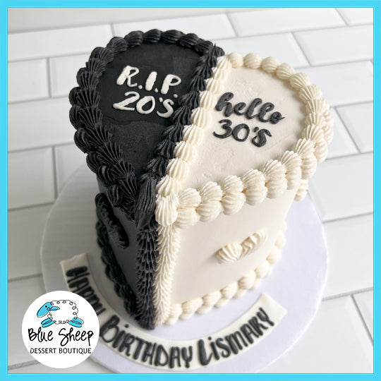 RIP 20's Hello 30's Heart Birthday Cake