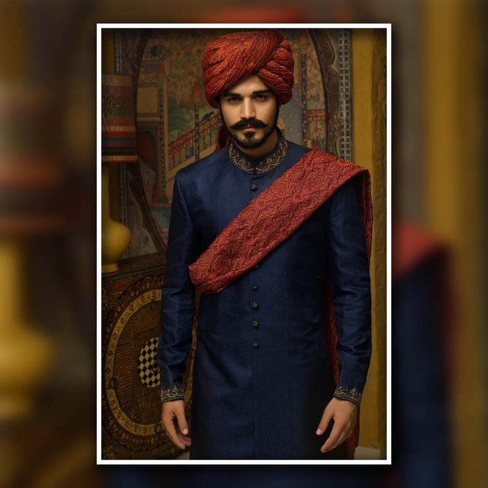 Royal Blue Brocade Sherwani with Embroidery & Front Detailing - Ceremonial - 11