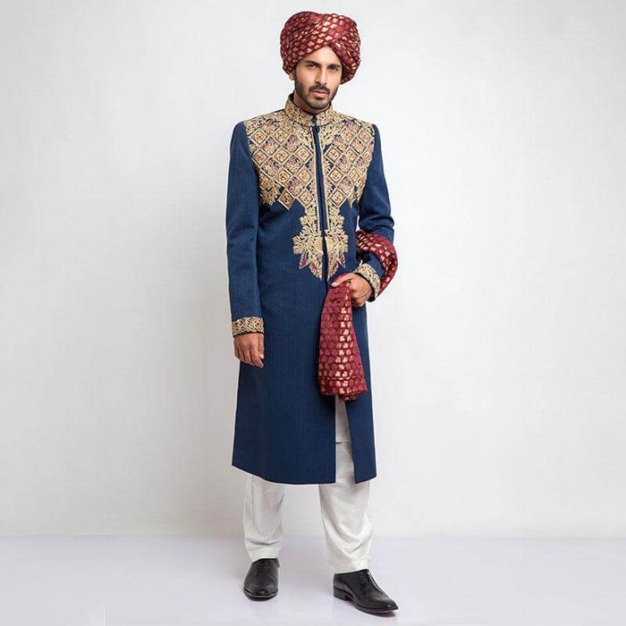 Royal Blue Form Fitted Sherwani with exquisite detailing and modern cut