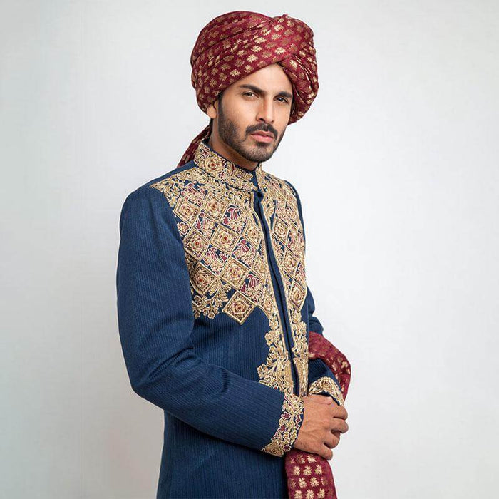 Royal Blue Form Fitted Sherwani with exquisite detailing and modern cut