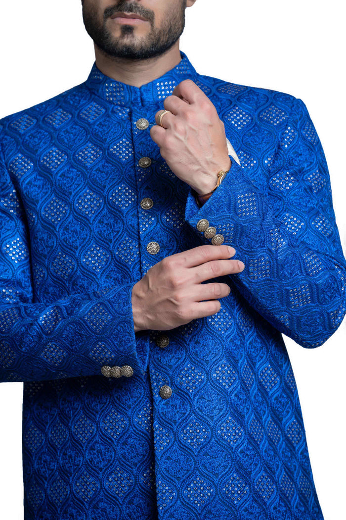 Royal Blue Gardens Short Sherwani with Handcrafted Sequins – Elegant design with intricate sequins for a sophisticated look.