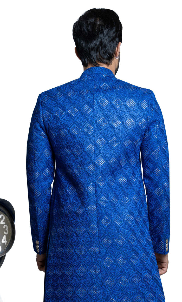 Royal Blue Gardens Short Sherwani with Handcrafted Sequins – Elegant design with intricate sequins for a sophisticated look.