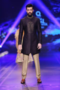 Royal Purple & Gold Handwoven Silk-Wool Short Sherwani BCW - 020