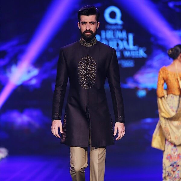 Royal Purple & Gold Handwoven Silk-Wool Short Sherwani BCW - 020