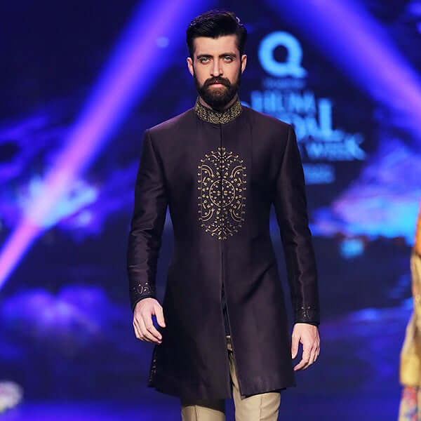 Royal Purple & Gold Handwoven Silk-Wool Short Sherwani BCW - 020