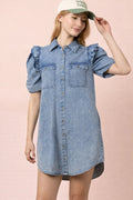Ruffle & Pocket Detail Denim Dress