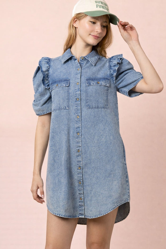Ruffle & Pocket Detail Denim Dress