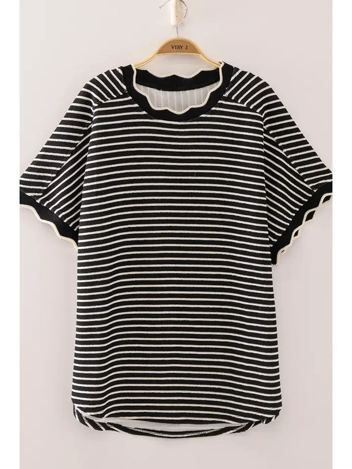 Scallop Trim Stripe Knit Top