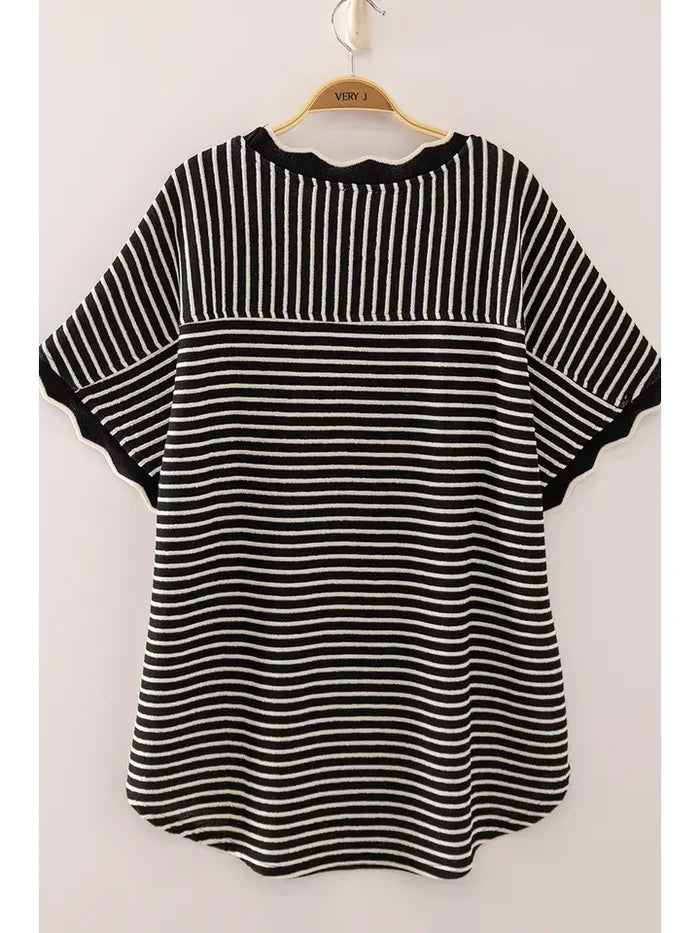 Scallop Trim Stripe Knit Top