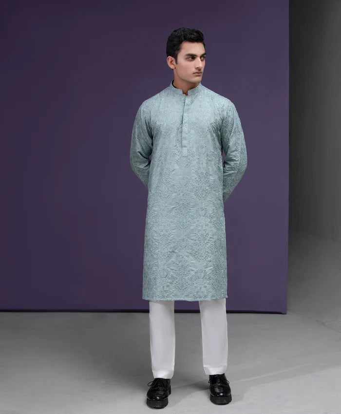 Sea foam Grey floral embroidered kurta pyjama set