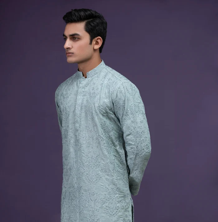Sea foam Grey floral embroidered kurta pyjama set