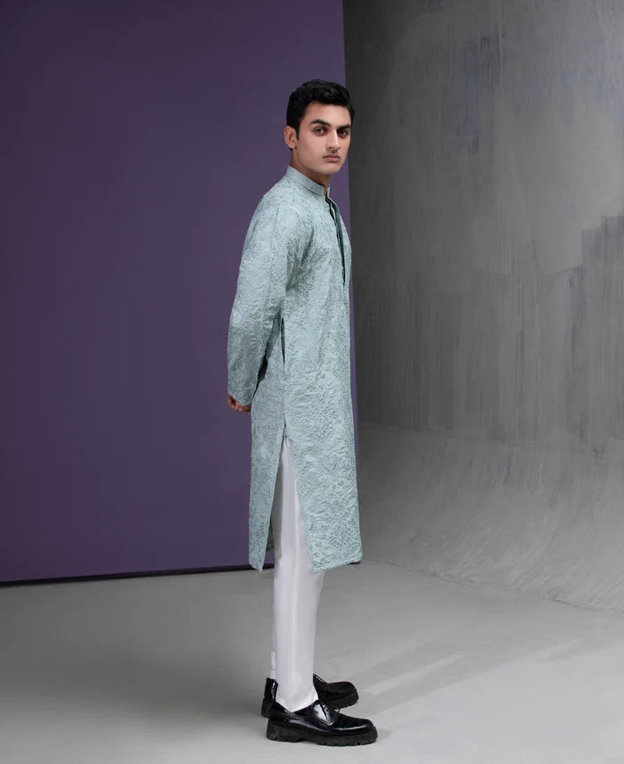 Sea foam Grey floral embroidered kurta pyjama set