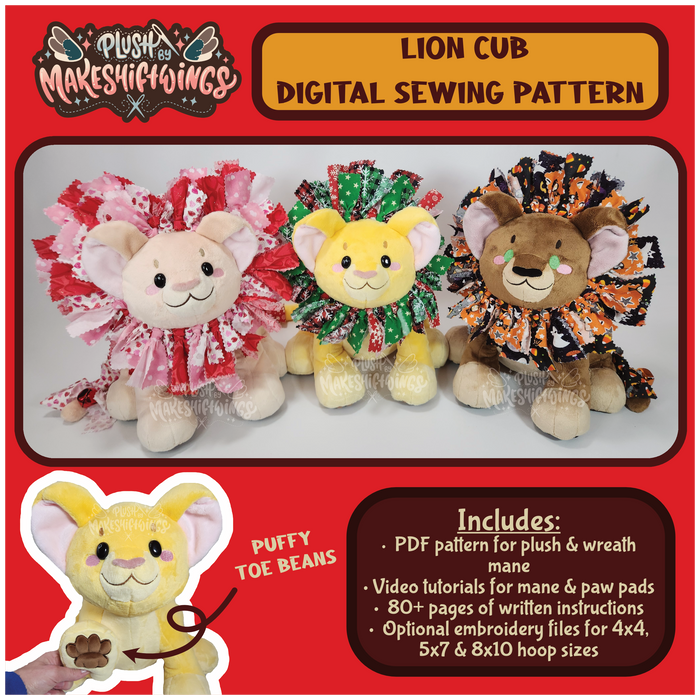 SEWING PATTERN - Lion Cub Plush with Fabric Wreath Mane