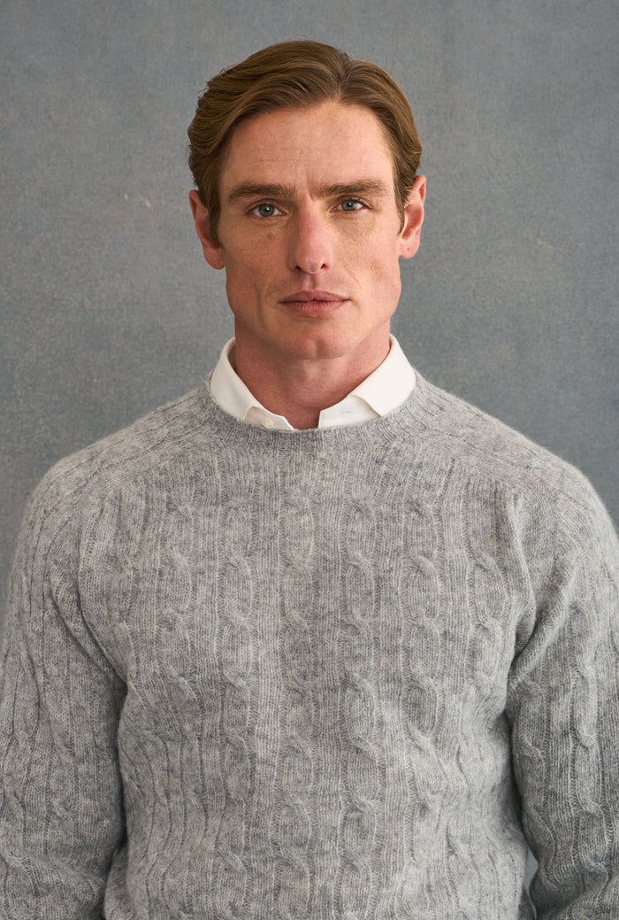 Silver Lambswool Cable Knit Crew Neck Jumper