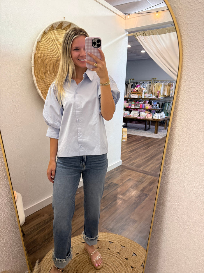 Sky 3/4 Sleeve Button Blouse