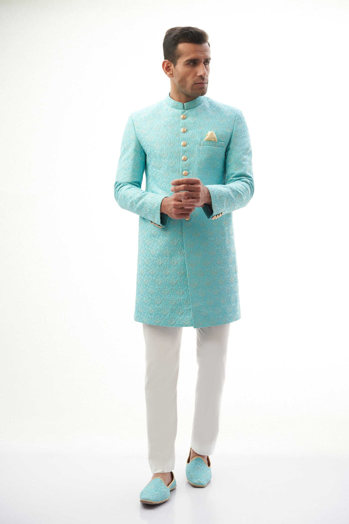 Sky Blue Rawsilk Sherwani with Resham and Gold Tilla Embroidery, Ideal for Weddings and Festive Occasions.