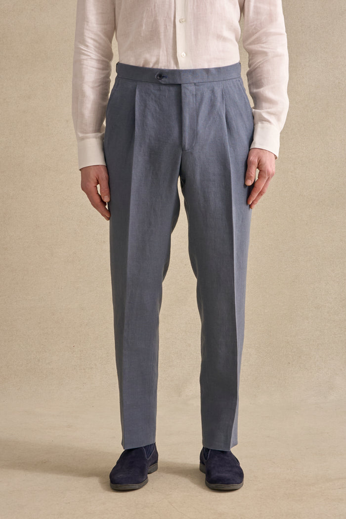 Slate Blue Single Pleat Linen Trousers