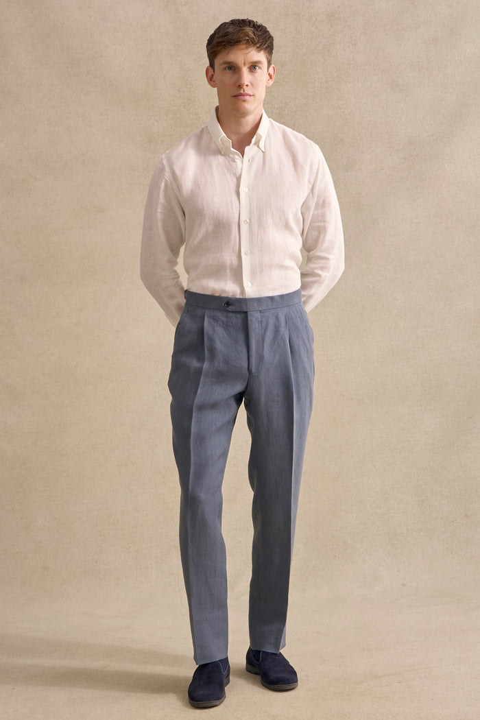 Slate Blue Single Pleat Linen Trousers