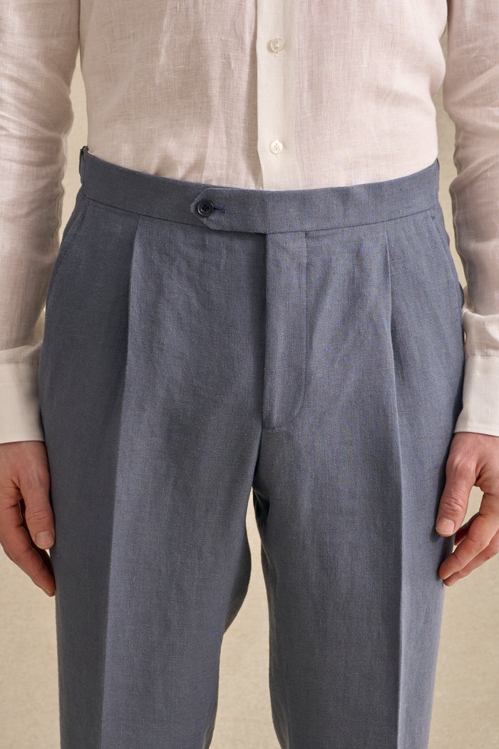 Slate Blue Single Pleat Linen Trousers