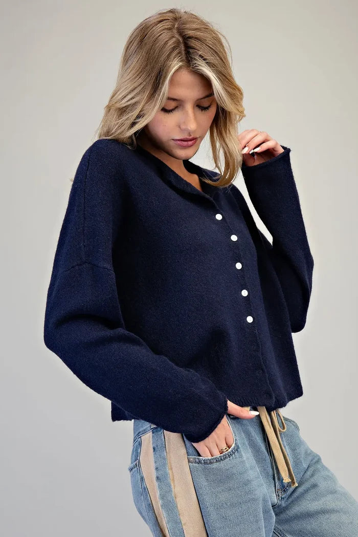 Solid Button Down Long Sleeve Cardigan