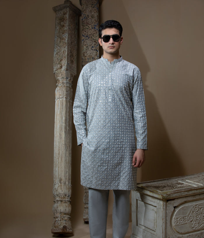 Sooch'2026 - Ash Grey Sequined Chikankari Kurta & Pyjama
