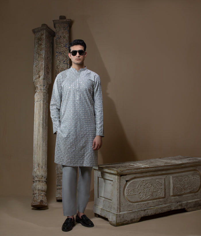 Sooch'2026 - Ash Grey Sequined Chikankari Kurta & Pyjama