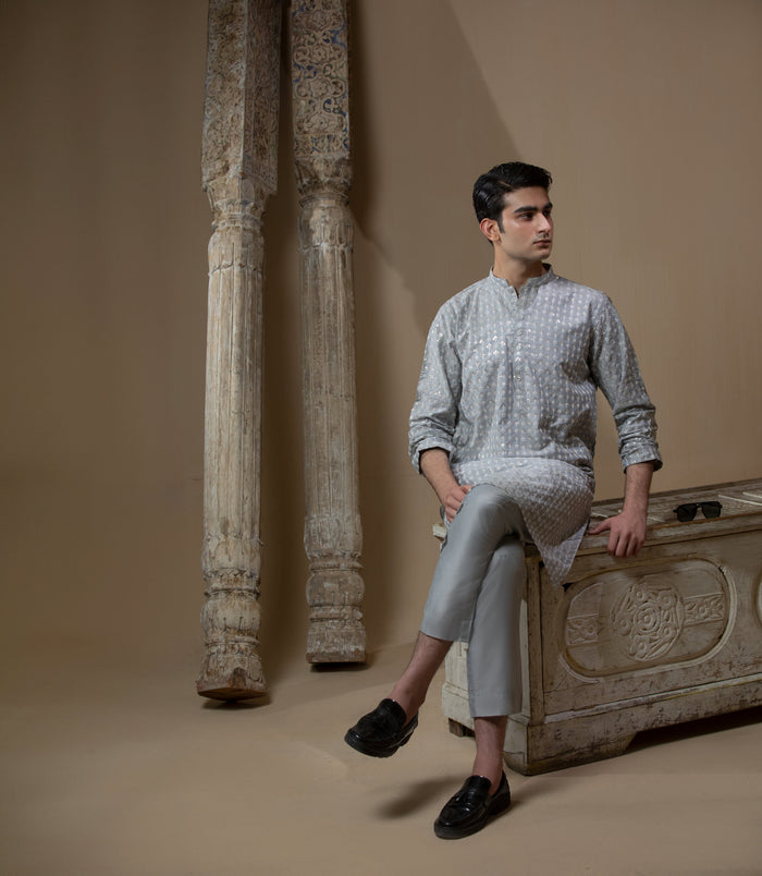 Sooch'2026 - Ash Grey Sequined Chikankari Kurta & Pyjama