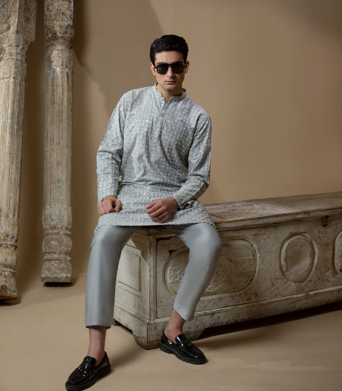 Sooch'2026 - Ash Grey Sequined Chikankari Kurta & Pyjama