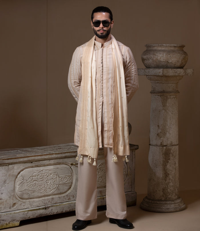 Sooch'2026 - Chevron Embroidered Front Open Kurta with Wide-Leg Pants & Patka