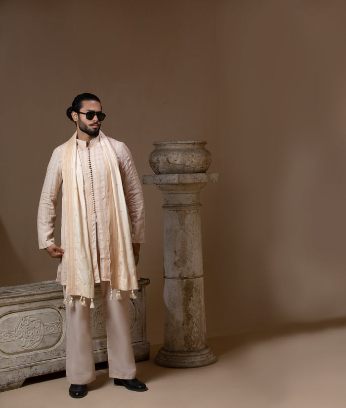 Sooch'2026 - Chevron Embroidered Front Open Kurta with Wide-Leg Pants & Patka