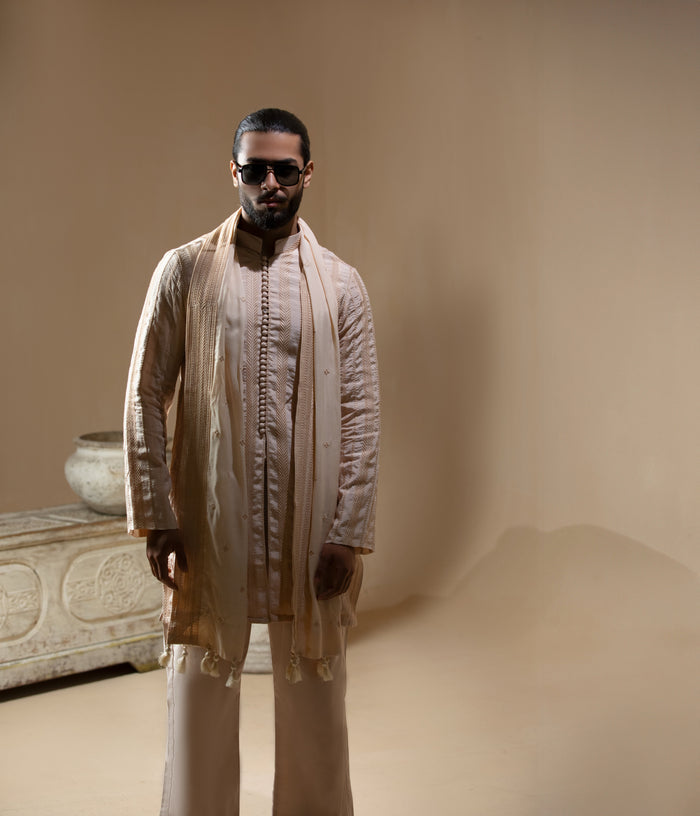 Sooch'2026 - Chevron Embroidered Front Open Kurta with Wide-Leg Pants & Patka