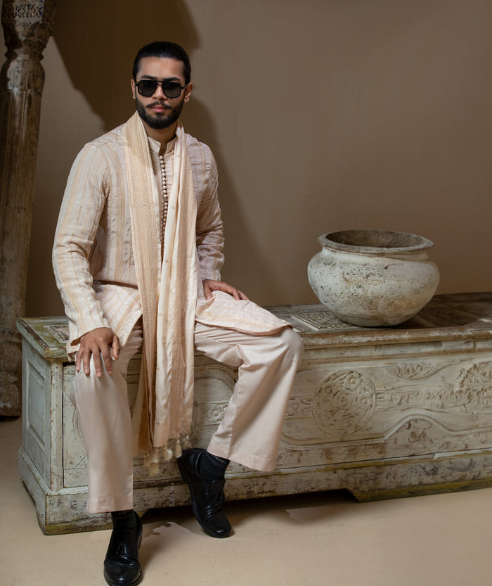 Sooch'2026 - Chevron Embroidered Front Open Kurta with Wide-Leg Pants & Patka