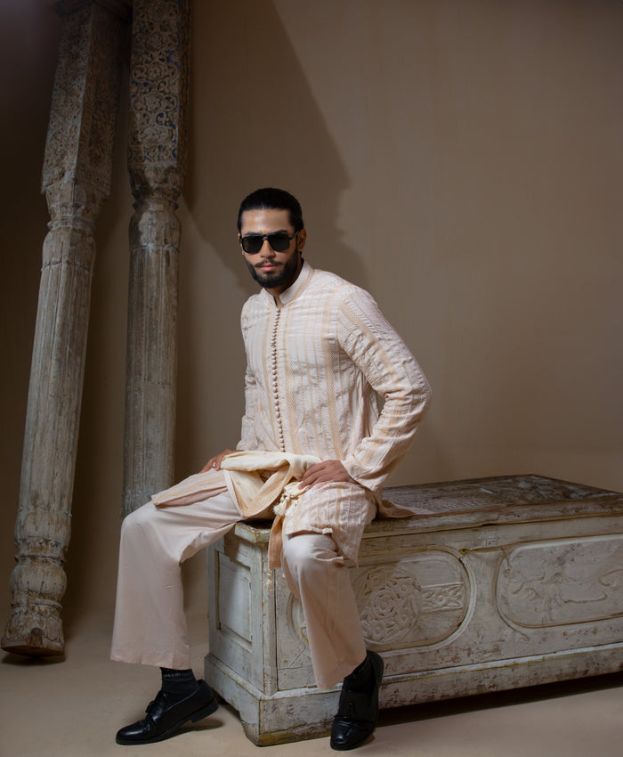 Sooch'2026 - Chevron Embroidered Front Open Kurta with Wide-Leg Pants & Patka