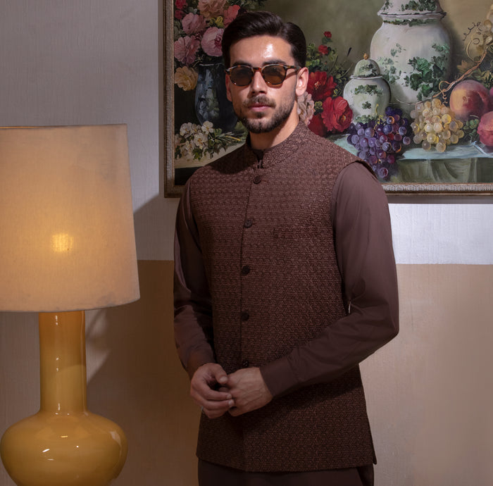 Arsalan Iqbal Chocolate Brown Kurta Pyjama with Embroidered Waistcoat for Men